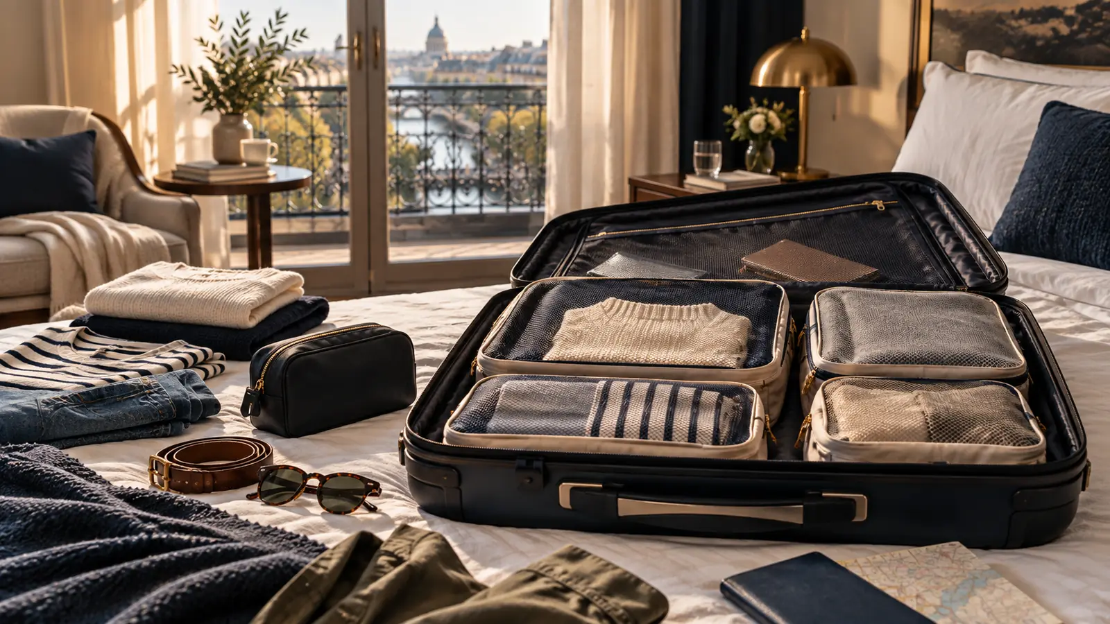 Open carry-on suitcase organised with several fabric packing cubes