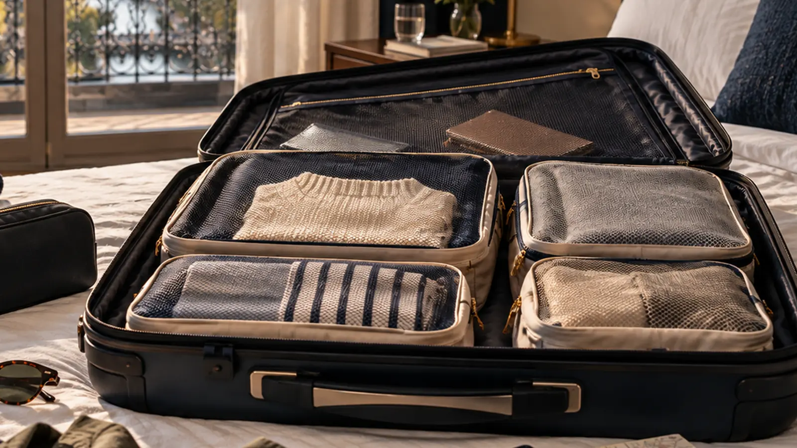 Open carry-on suitcase fitted with four packing cubes in different sizes