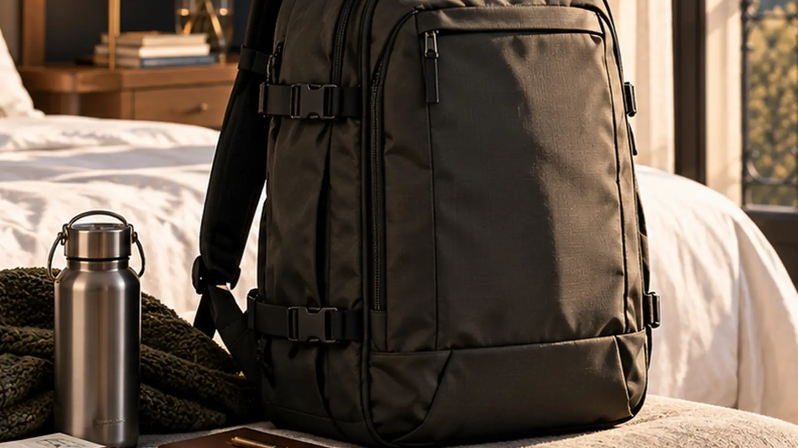 Front view of a dark travel backpack with external compression straps beside a bed