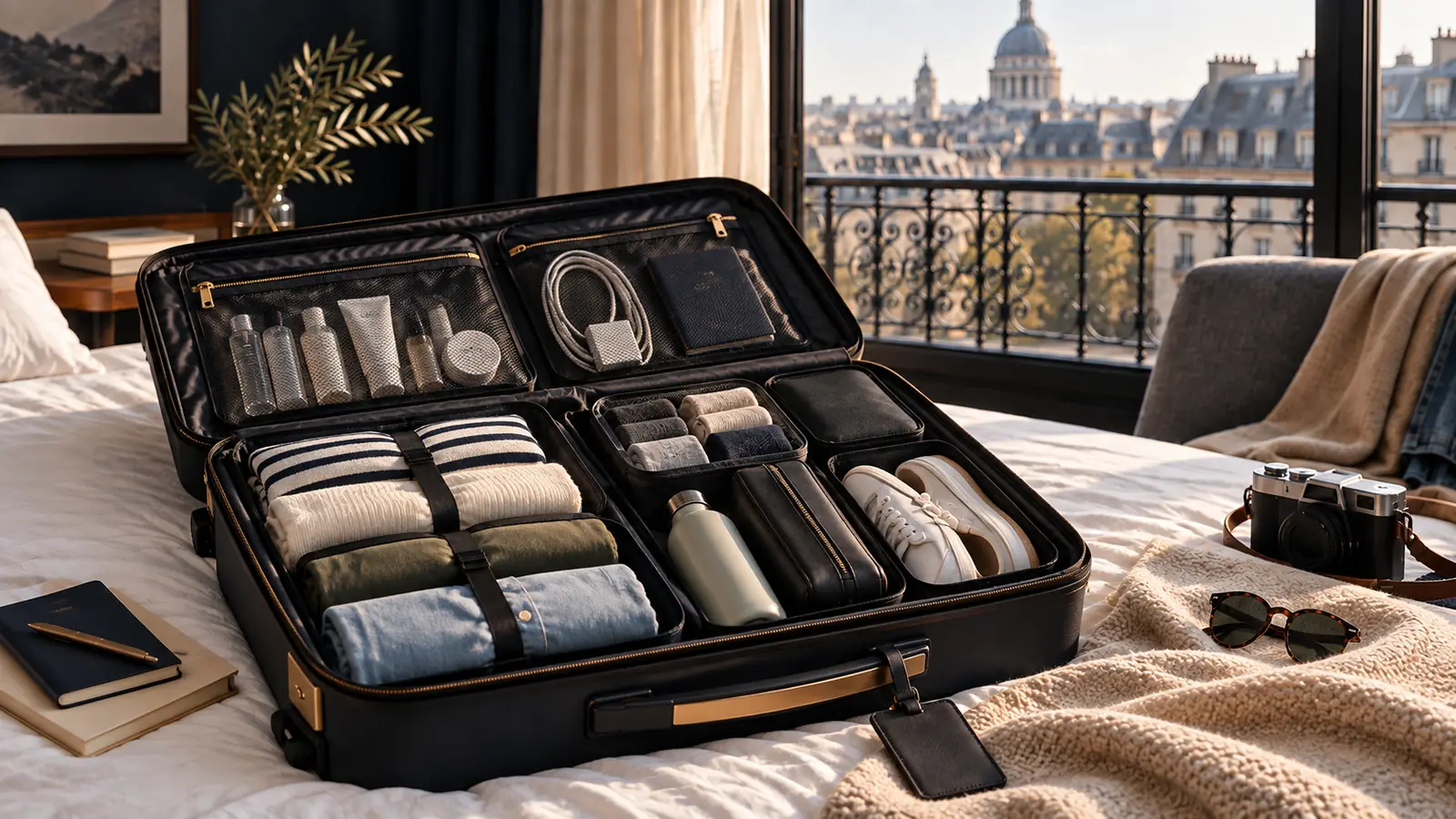 Open carry-on suitcase packed with clothing, toiletries and travel accessories for a week
