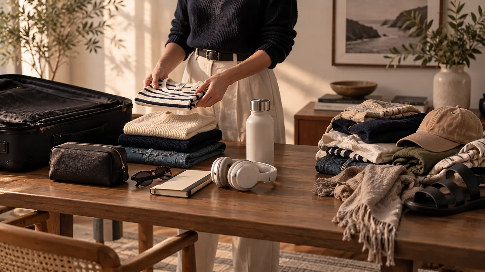 Traveller choosing clothing beside an open suitcase, with selected essentials and an extra pile on a table