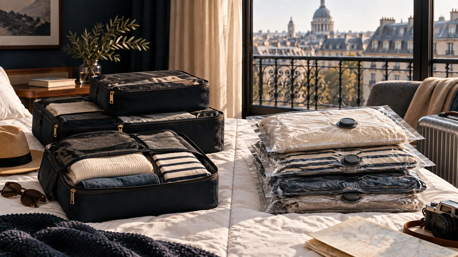 Fabric packing cubes beside transparent compression bags on a hotel bed