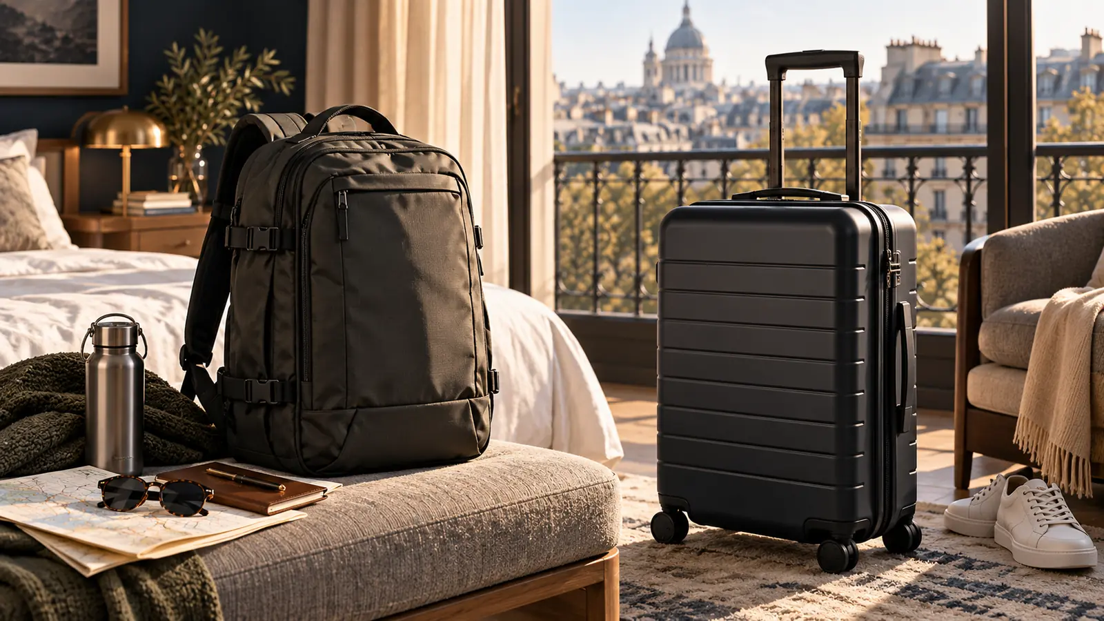 Black travel backpack and hard-shell rolling carry-on standing side by side