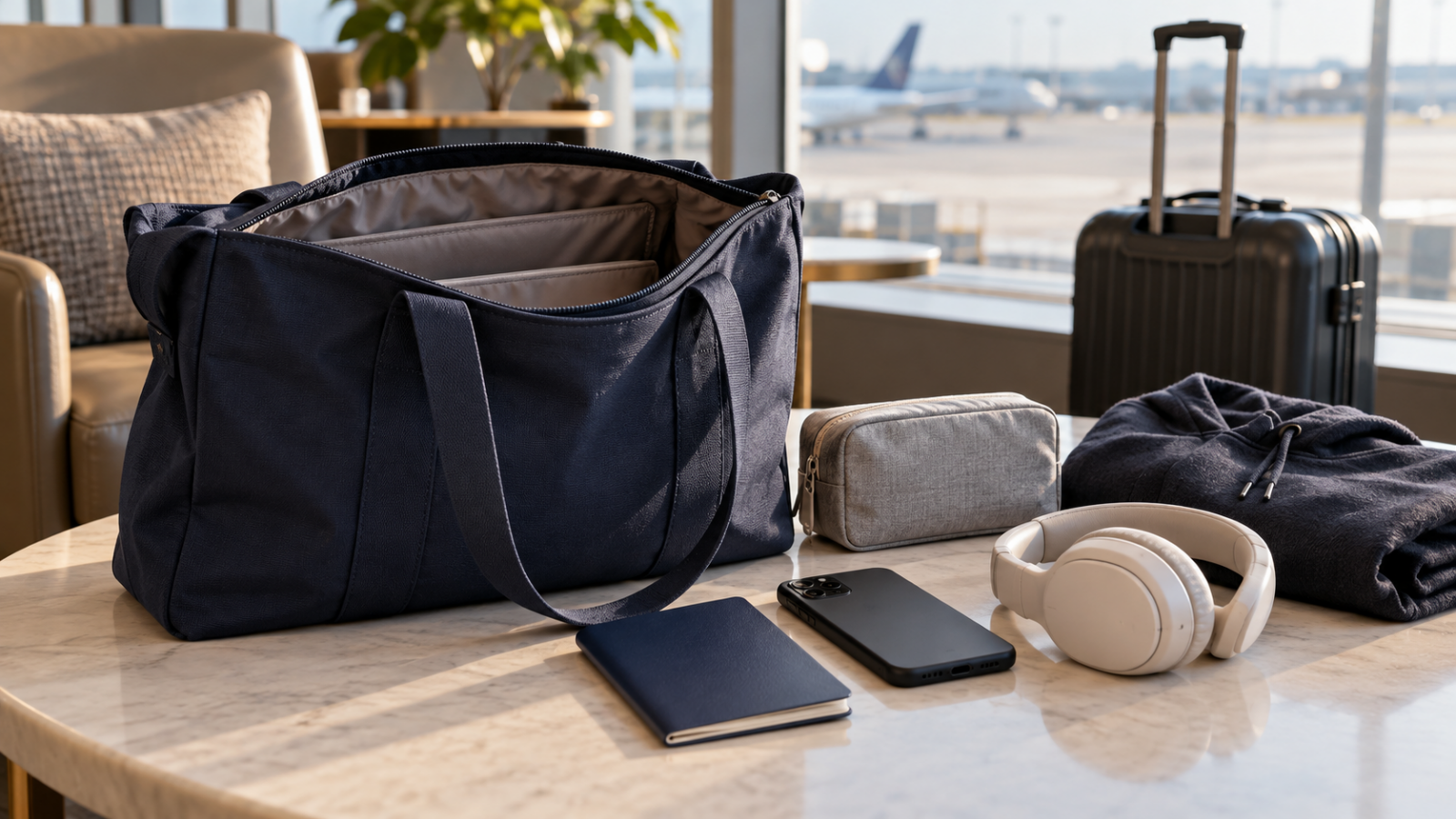 Open navy tote on an airport table beside a blank-cover passport, face-down phone, headphones, a zipped pouch and hoodie; suitcase behind.