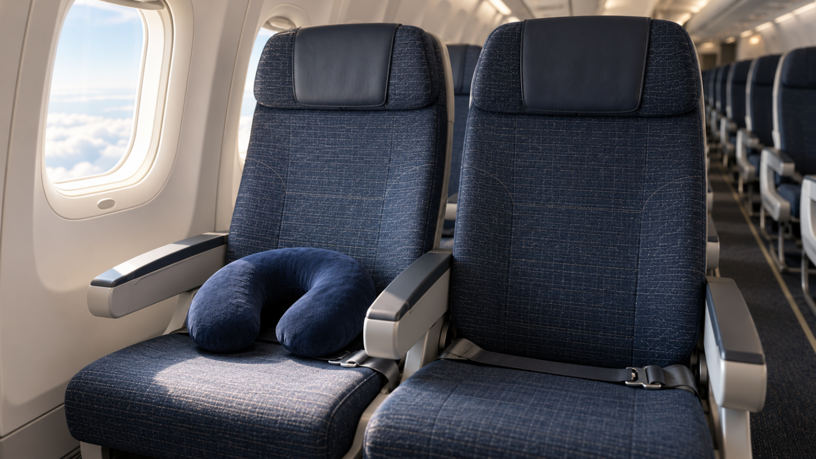 Two empty upright navy aircraft seats with a navy U-shaped neck pillow on the window seat.