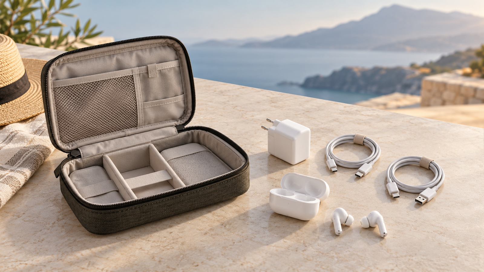 Open beige-lined tech pouch, white wall charger, two coiled cables and white wireless earbuds on a coastal terrace.
