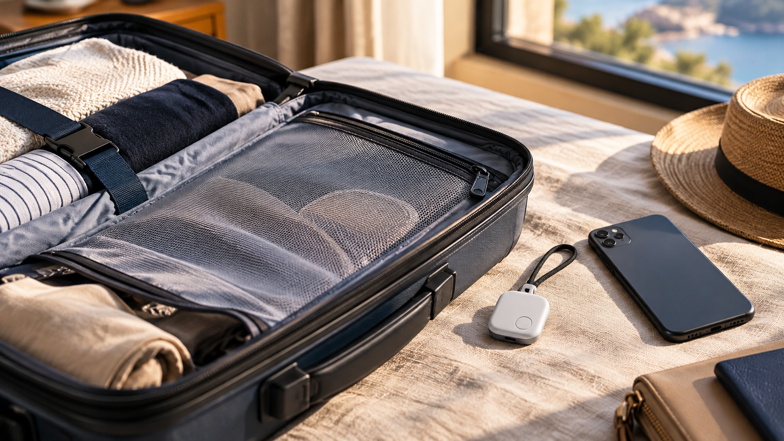 Open navy suitcase on a sunlit bed beside a small white tracking tag and a face-down phone.