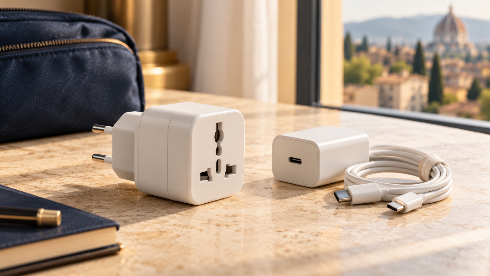 AI-generated editorial illustration of a white travel plug adapter beside a separate USB charger and coiled cable on a warm stone hotel desk.