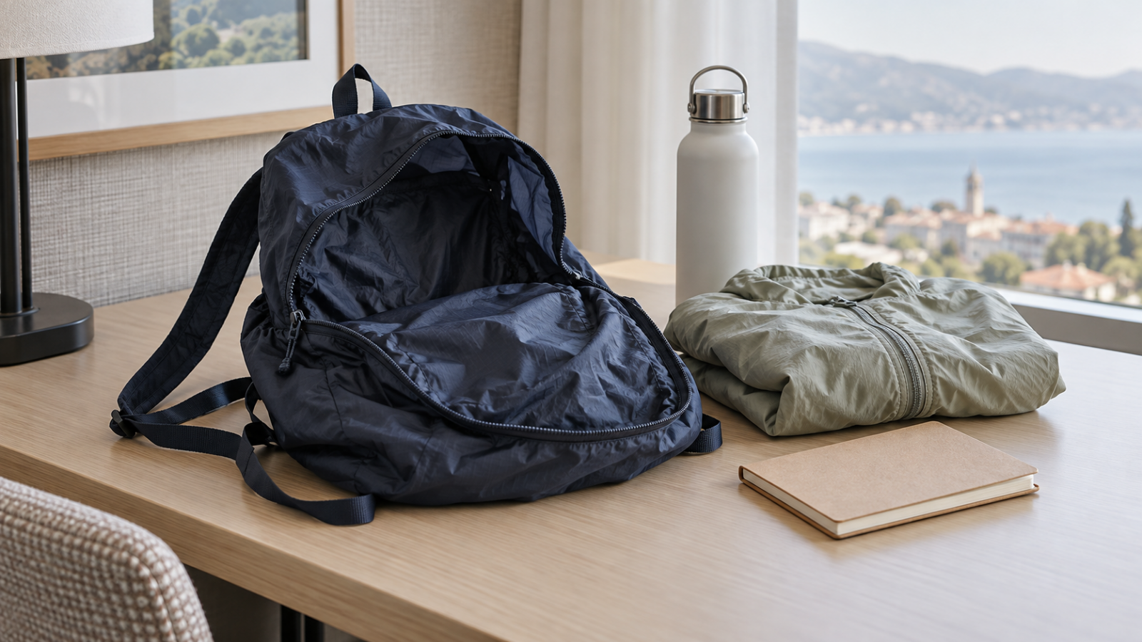 Thin navy daypack open on a hotel desk beside a light jacket, water bottle and notebook.