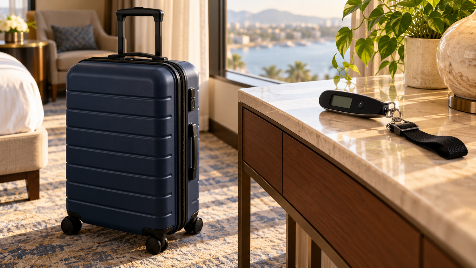 Suitcase standing on its wheels beside a console with an unattached luggage scale; display off and strap slack.