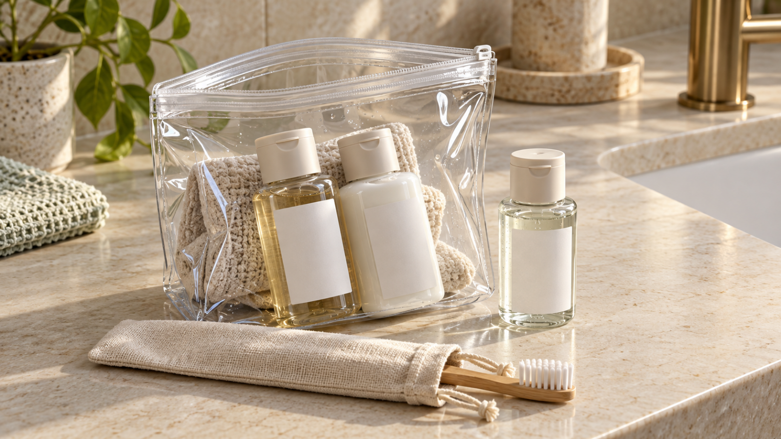 Clear zippered pouch with two toiletry bottles, a third bottle beside it, and a toothbrush partly inside a separate cloth sleeve.