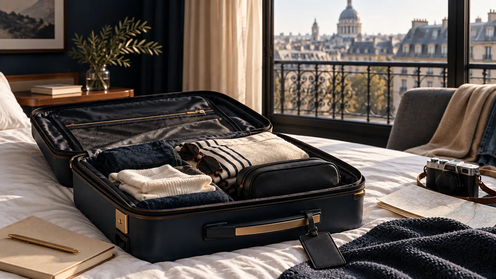 Open hard-shell carry-on suitcase with folded clothing and travel essentials on a hotel bed
